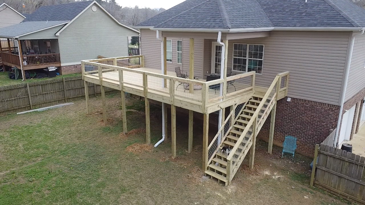 Aerial view of a deck build by Redbone Woodworks
